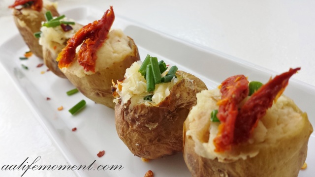 Stuffed potatoes recipe with cheese, pork belly and fresh chives