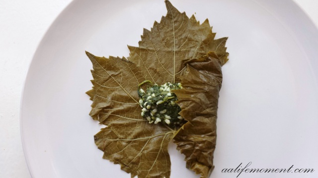 Grape leaves dolmades (Stuffed Grape Leaves with spinach, spring onion and rice) 