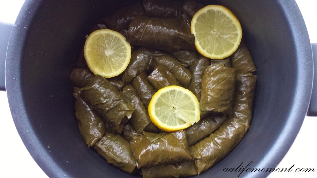 Dolmades (Stuffed Grape Leaves with spinach, spring onion and rice) 