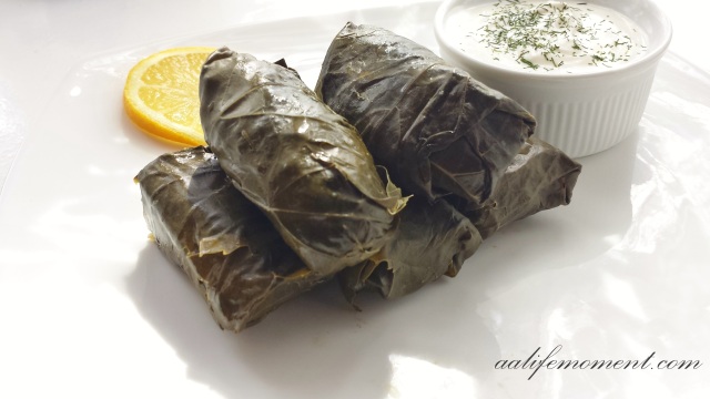 Dolmades (Stuffed Grape Leaves with spinach, spring onion and rice) 